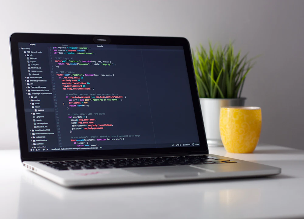 Laptop with source code on screen next to a plant